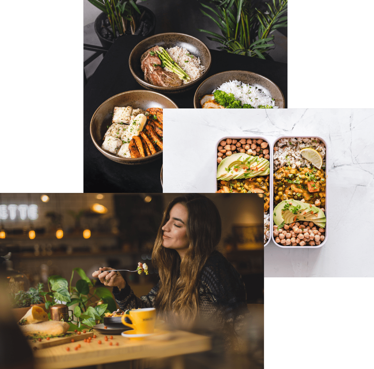 an image composited of 3 images, first and second image are nicely decorated meal placed in bowls and containers, and third image is a woman enjoying her food.